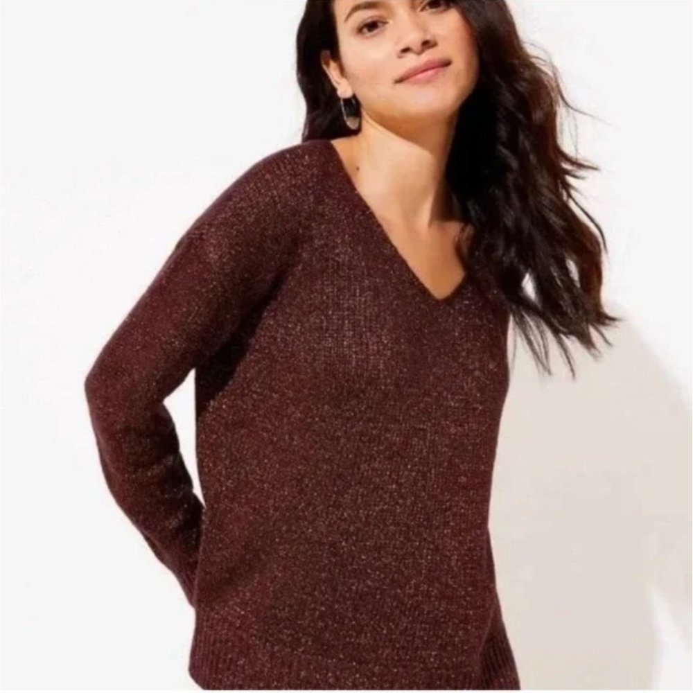 LOFT Bronze Shimmer Metallic V-Neck Sweater NWT Large